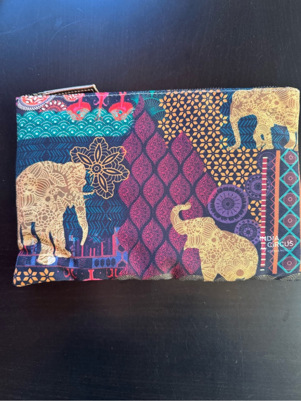 Indian-style Elephant Print Zip Pouch - Teal, Purple, Gold fabric with copper